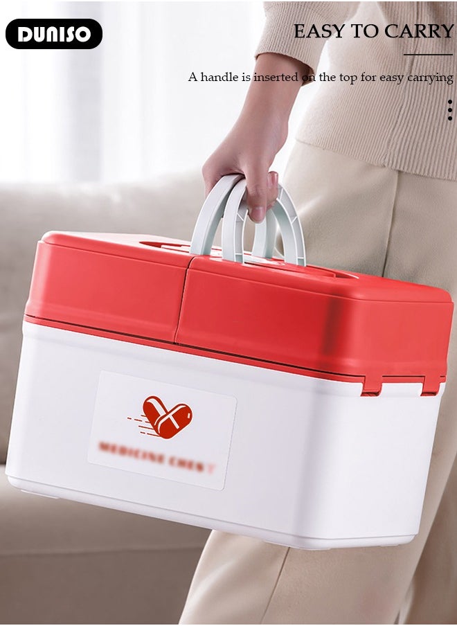 Family Medicine Storage Box Container, Double 3-Tier Folding First Aid Box Organizer with Locking Lid Handle, Multipurpose Durable Craft Tool Case Plastic Professional Emergency Bin for Home Travel Car Camping Office