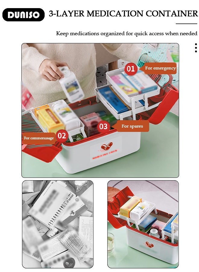 Family Medicine Storage Box Container, Double 3-Tier Folding First Aid Box Organizer with Locking Lid Handle, Multipurpose Durable Craft Tool Case Plastic Professional Emergency Bin for Home Travel Car Camping Office