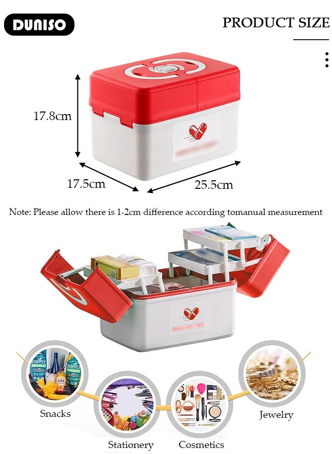 Family Medicine Storage Box Container, Double 3-Tier Folding First Aid Box Organizer with Locking Lid Handle, Multipurpose Durable Craft Tool Case Plastic Professional Emergency Bin for Home Travel Car Camping Office