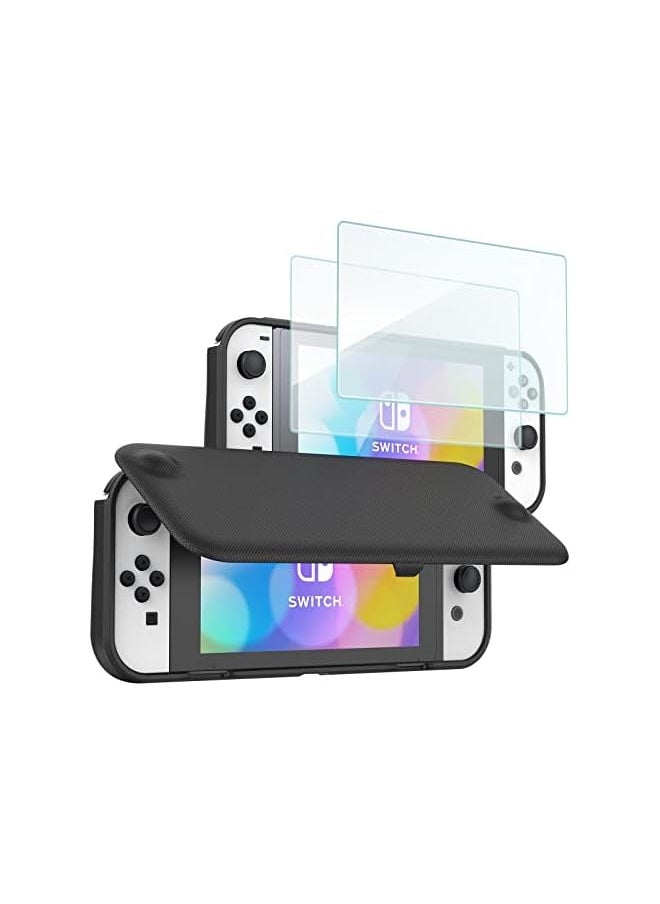 Flip Cover for Nintendo Switch OLED Model 2021 with 2 Screen Protectors, Switch OLED Protective Case with Magnetically Detachable Front Shell -Black