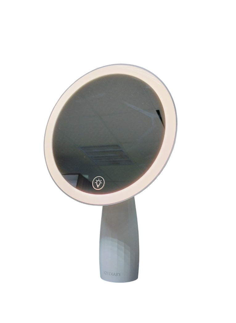 Elegant Round LED Vanity Mirror with Cream Tapered Stand - Modern Illuminated Makeup Mirror for Stylish Interiors