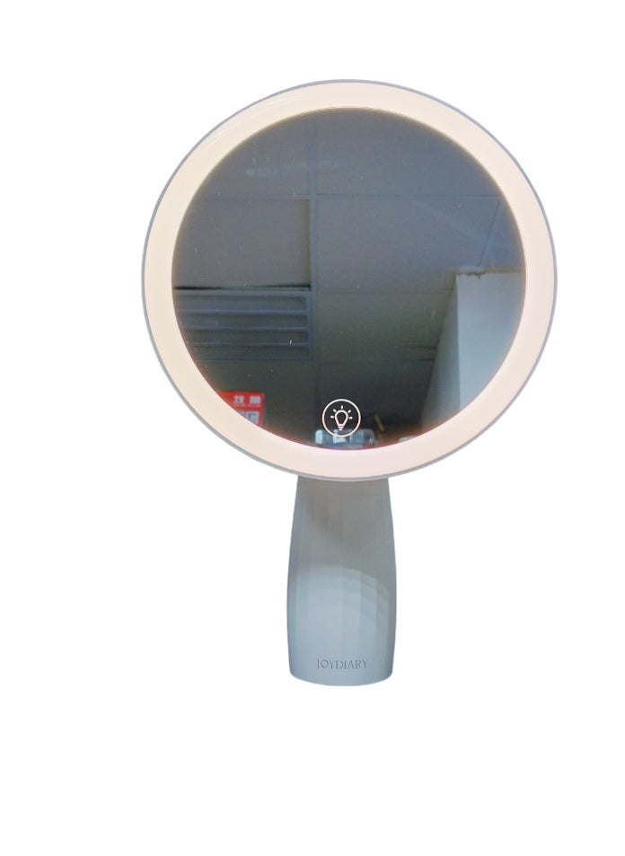 Elegant Round LED Vanity Mirror with Cream Tapered Stand - Modern Illuminated Makeup Mirror for Stylish Interiors