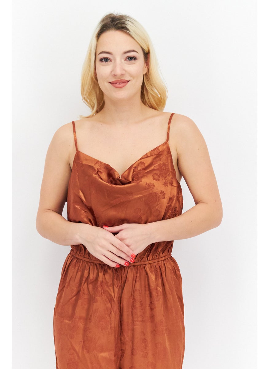 Women Floral Print Sleeveless Jumpsuit, Rust