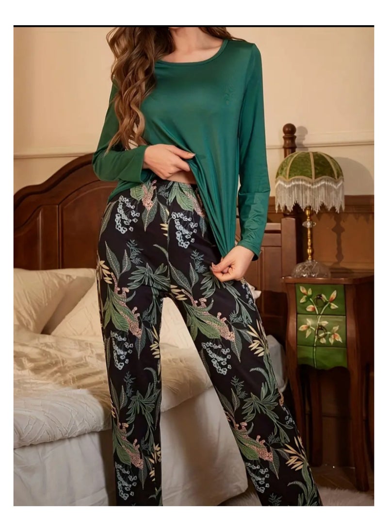 Women Pajama Leaf Print Set Long Sleeve Loungewear For Ladies