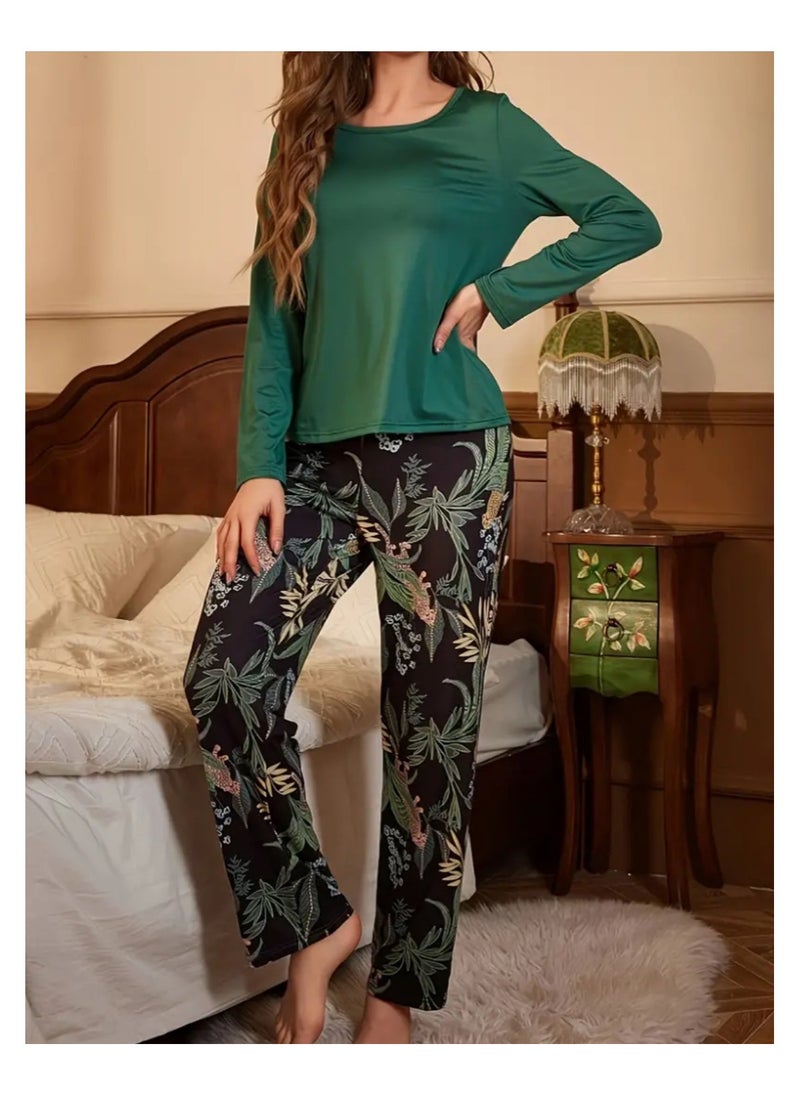 Women Pajama Leaf Print Set Long Sleeve Loungewear For Ladies