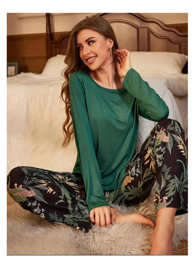 Women Pajama Leaf Print Set Long Sleeve Loungewear For Ladies