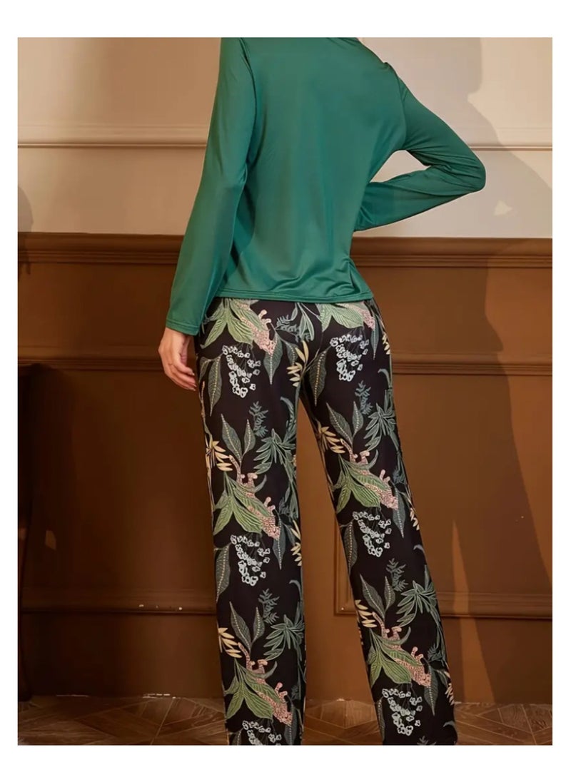 Women Pajama Leaf Print Set Long Sleeve Loungewear For Ladies