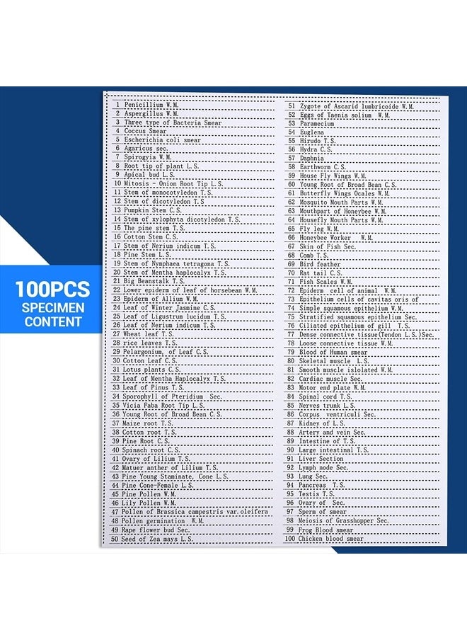 100 Prepared Microscope Slides with Specimens for Kids Adults - Bacterium, Fungus, Human Tissues, Mitosis, Plants, Insects, Animals Cells Samples for Biological Science Lab, School Students