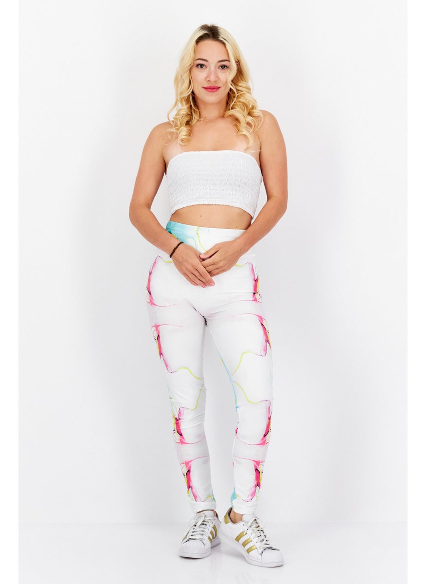 Women Regular Fit Allover Print Leggings, White Combo