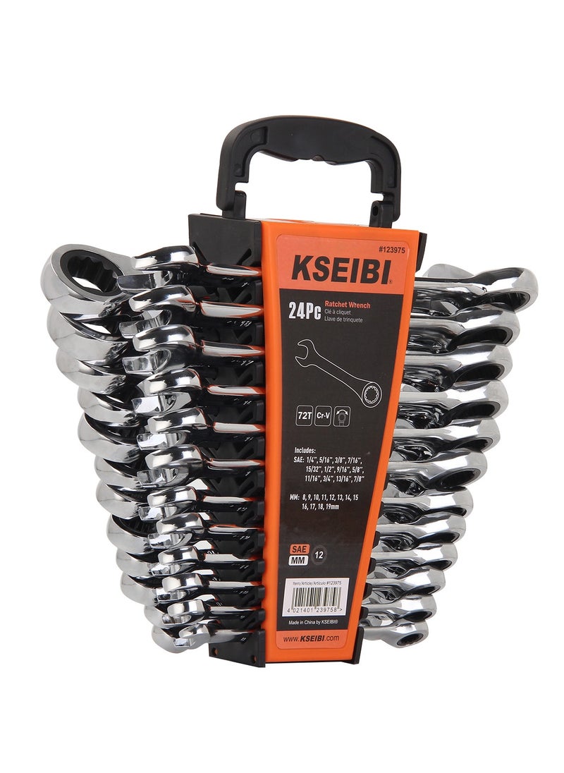24-Piece Ratchet Combination Spanner Wrench Set - Metric & SAE, Durable Chrome Finish, Precision Tool Kit with Storage