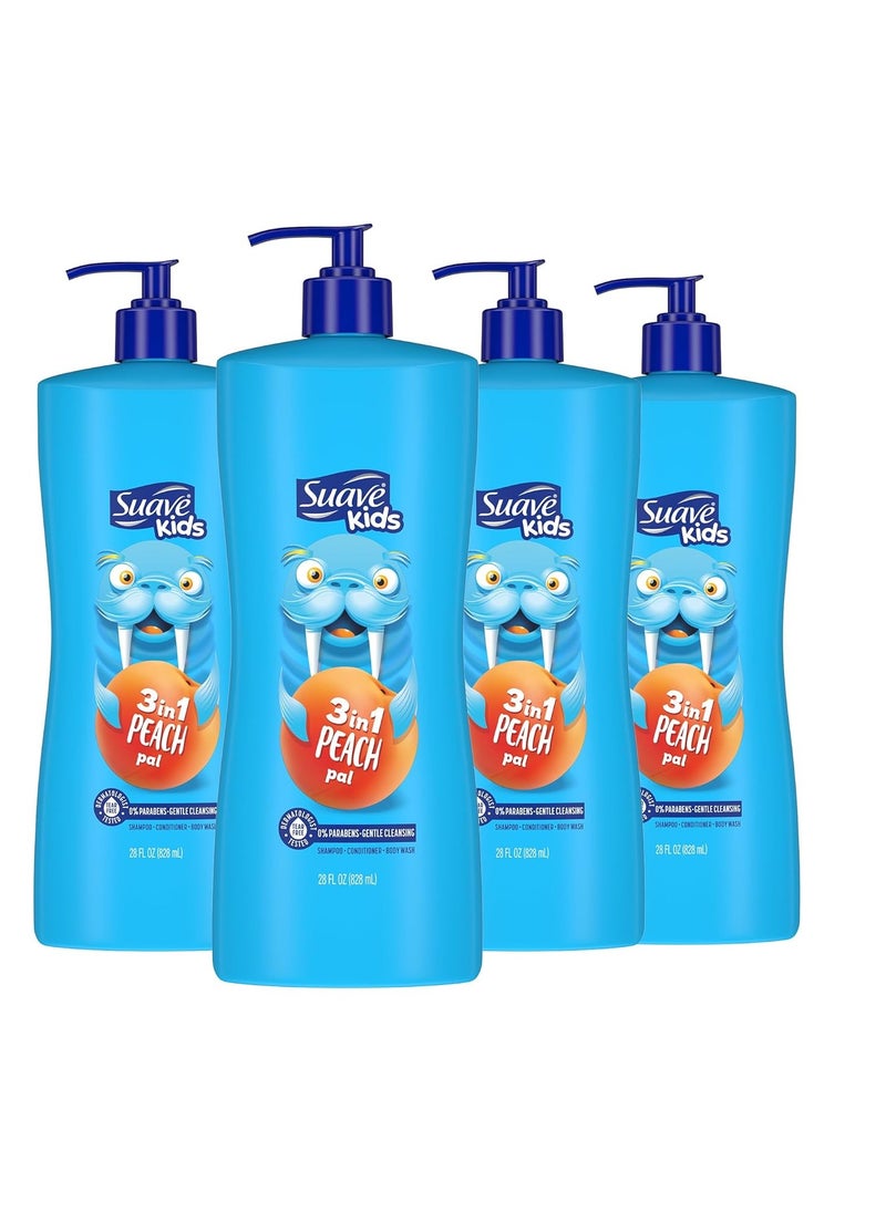 Suave Kids 3-in-1 Tear Free, Body Wash, Shampoo and Conditioners, Dermartologist Tested, Peach Pal, 28 Oz Pack of 4