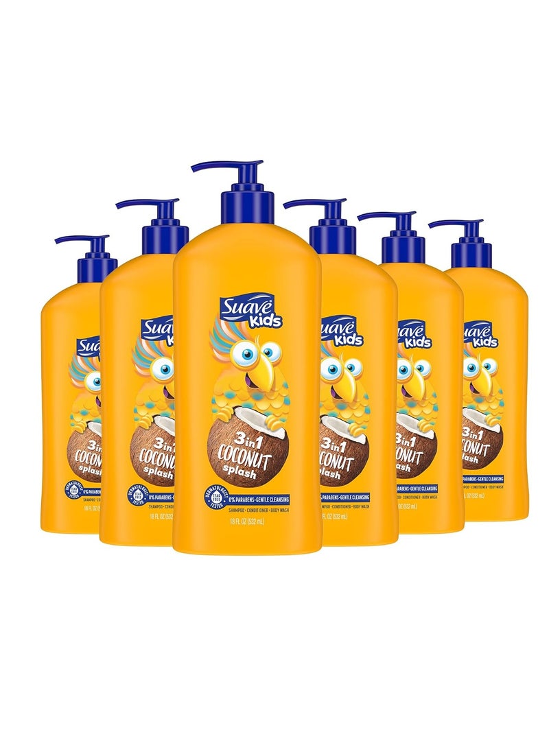 Suave Kids 3-in-1 Tear Free, Body Wash, Shampoo and Conditioners, Dermartologist Tested, Coconut Splash, 18 Oz Pack of 6