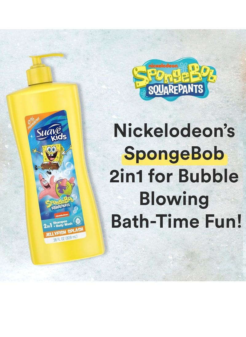 Suave Kids 3-in-1 Spongebob, Tear Free, Body Wash, Shampoo and Conditioners, Dermatologist Tested, 28 Oz Pack of 4