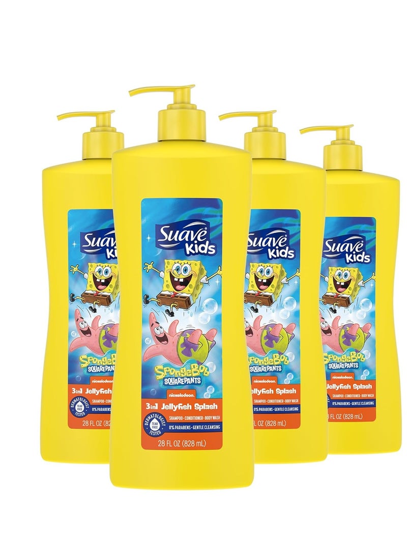 Suave Kids 3-in-1 Spongebob, Tear Free, Body Wash, Shampoo and Conditioners, Dermatologist Tested, 28 Oz Pack of 4