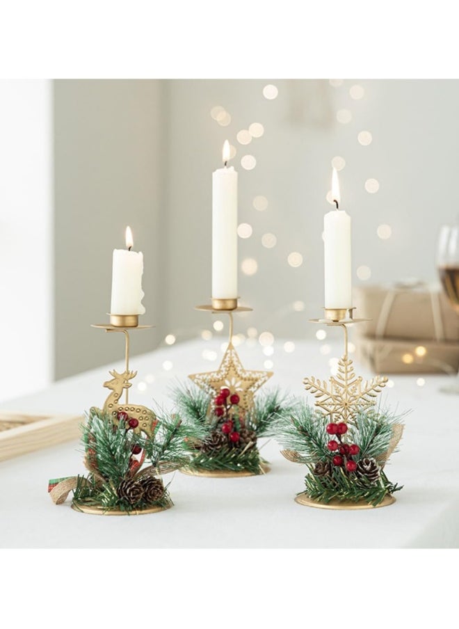 Christmas Candle Holders Gold Reindeer Snowflake Star Candlestick Red Berry Pine Cones Decoration for Taper Table Centerpiece Festive Ornaments No Candles (2pcs-Star)