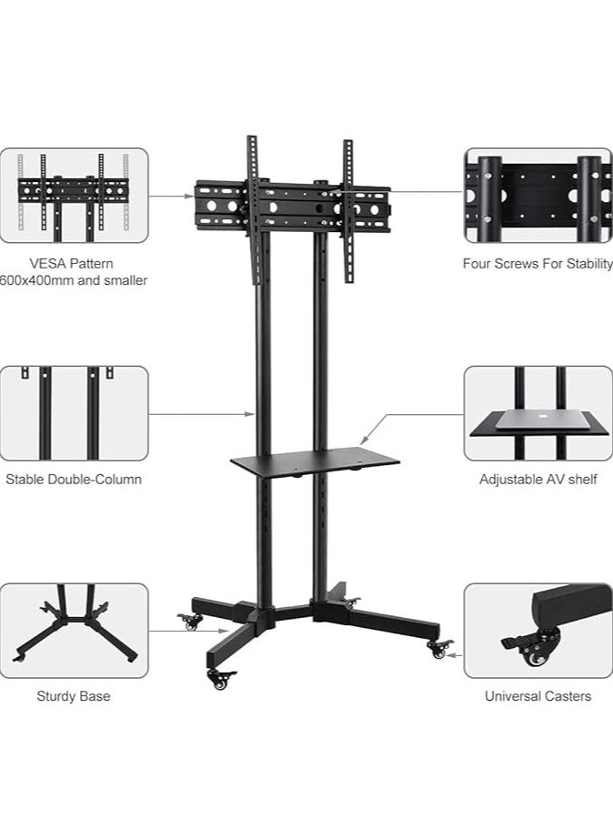 Mobile Rolling TV Cart with Lockable Wheels for 32-65inch LED Screen AV Carts & Stands, Tall TV Stand with Mount Height Adjustable Floor TV Stand Holds Up to 50KG Max VESA 600x400mm (Black)
