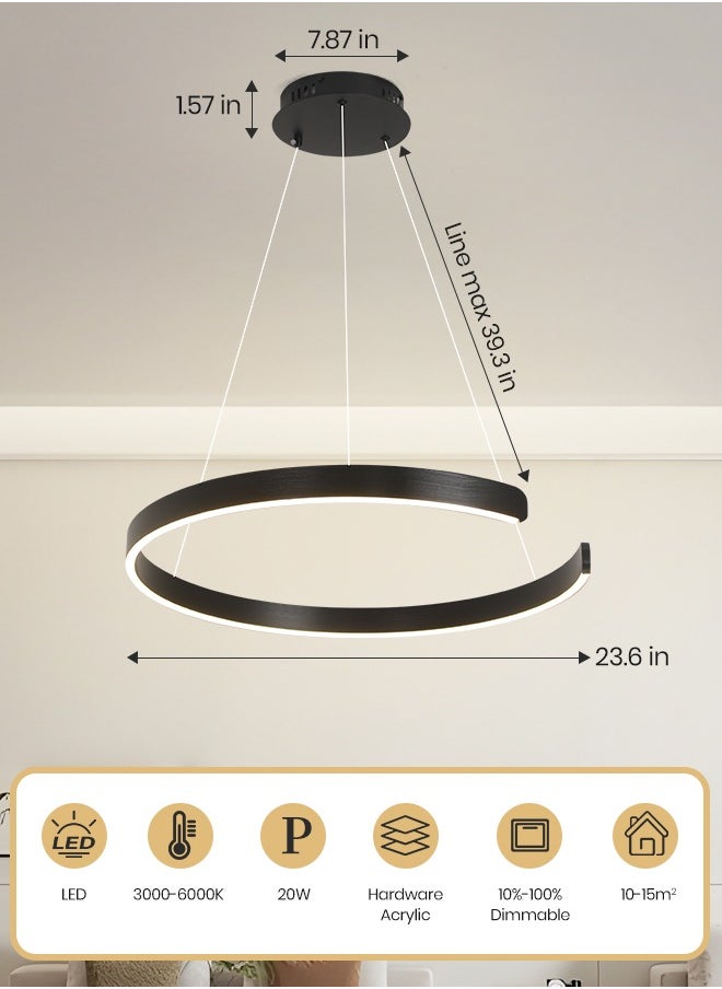 Black Round LED Chandelier, 20W Adjustable Modern Hanging Light with Remote Control, 3-Color Dimming (3000K-6000K), Adjustable Height for Dining Room, Bedroom, Living Room, 60CM Diameter