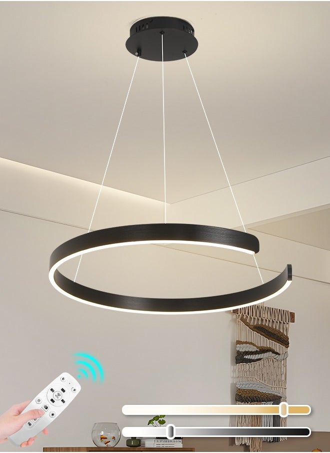 Black Round LED Chandelier, 20W Adjustable Modern Hanging Light with Remote Control, 3-Color Dimming (3000K-6000K), Adjustable Height for Dining Room, Bedroom, Living Room, 60CM Diameter