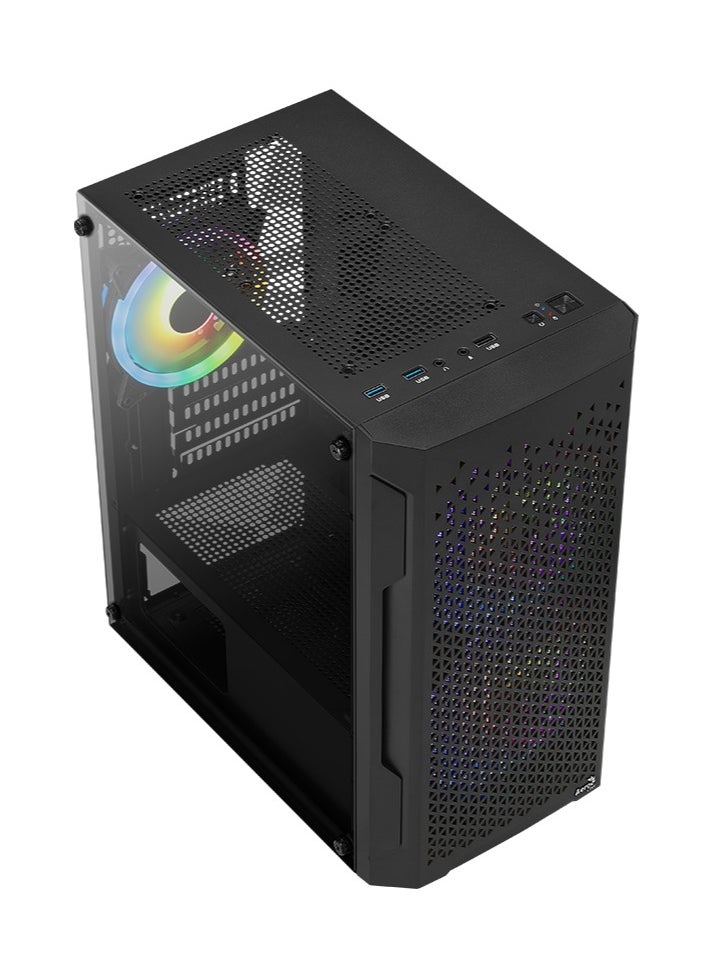 AEROCOOL Mini Tower Case Trinity Mini-G-BK-v3, Full Tempered Glass Side Panel, Supports Liquid Cooling, Built-in Air Vents, Supports Micro-ATX and Mini-ITX Motherboards, 3x ARGB Fan Included