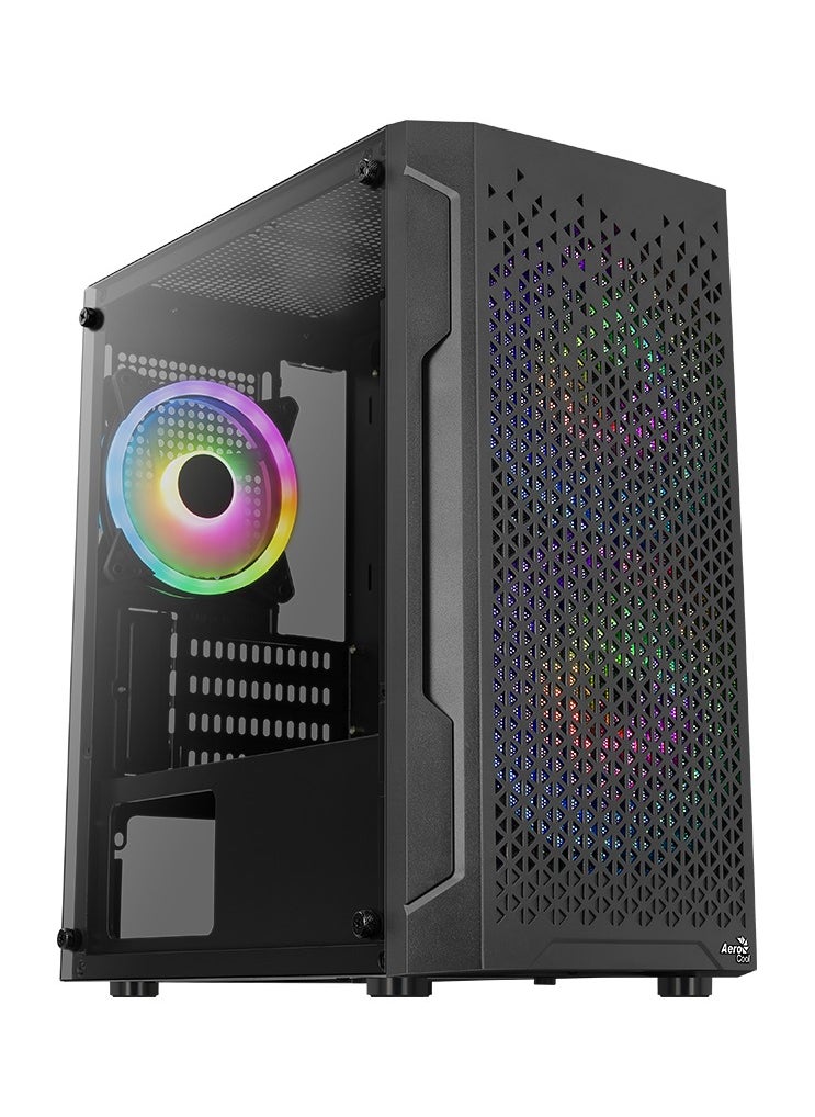 AEROCOOL Mini Tower Case Trinity Mini-G-BK-v3, Full Tempered Glass Side Panel, Supports Liquid Cooling, Built-in Air Vents, Supports Micro-ATX and Mini-ITX Motherboards, 3x ARGB Fan Included