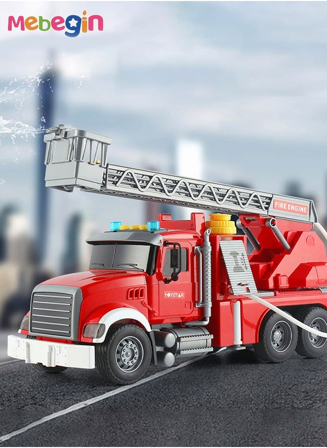 Fire Truck Toy with Lights and Sounds Friction Powered Car Fire Engine Truck with Water Pump Sirens and Extending Ladder Firefighter Toy Truck for Toddler