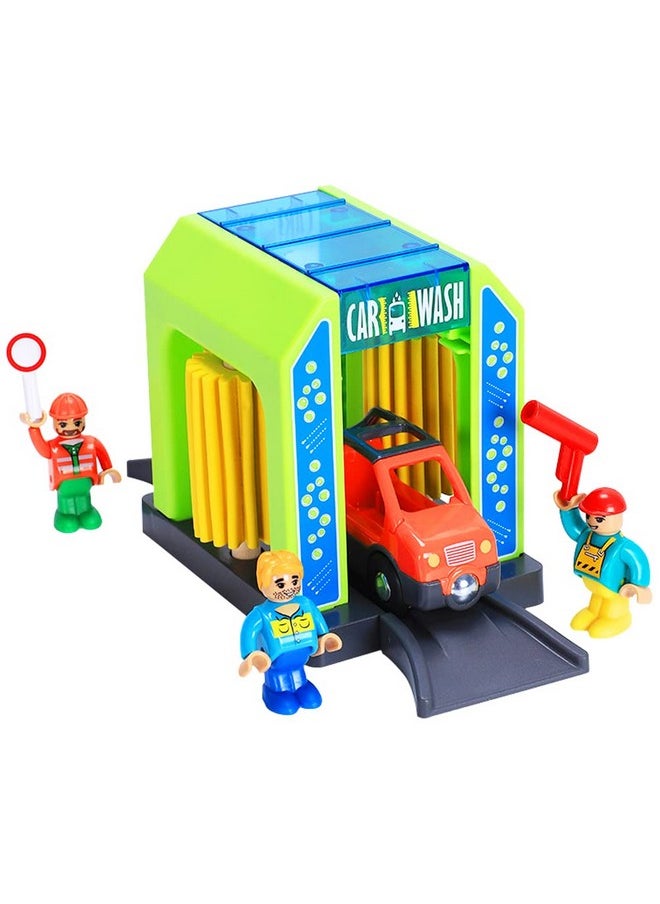 Wooden Train Accessories Car Washer For Railroad Train Track, Train Toys Accessory Compatible With All Major Brands Of Train Set System, Railway Tracks Station For Kids Ages 3 And Up.