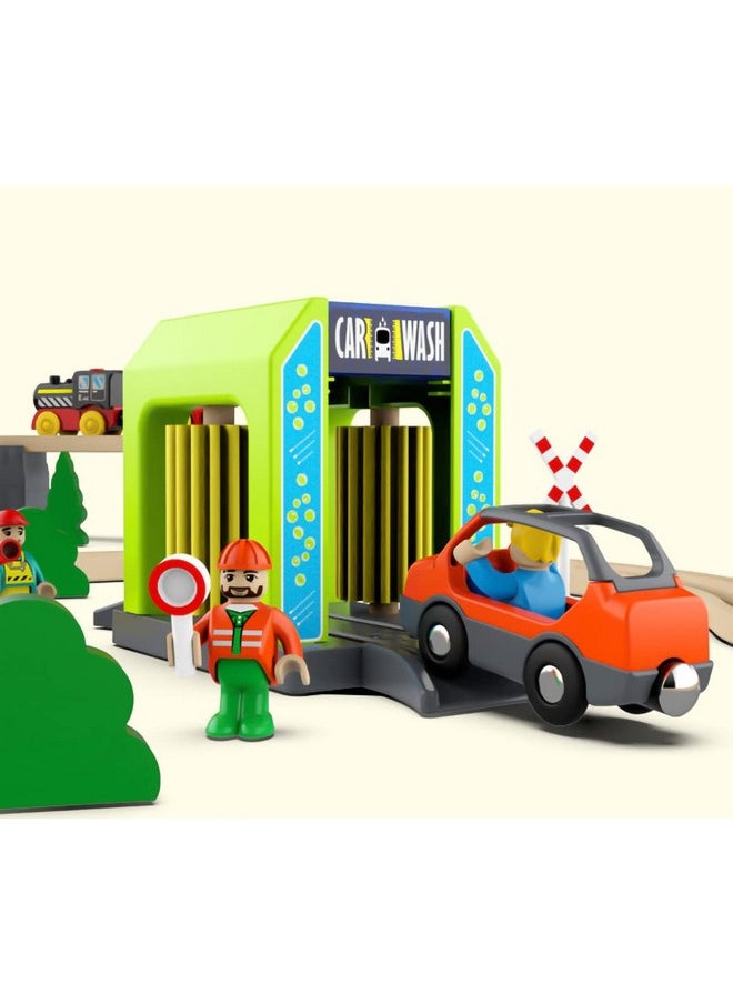 Wooden Train Accessories Car Washer For Railroad Train Track, Train Toys Accessory Compatible With All Major Brands Of Train Set System, Railway Tracks Station For Kids Ages 3 And Up.