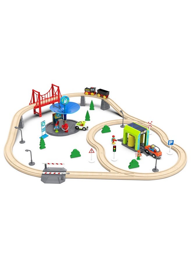 Wooden Train Accessories Car Washer For Railroad Train Track, Train Toys Accessory Compatible With All Major Brands Of Train Set System, Railway Tracks Station For Kids Ages 3 And Up.