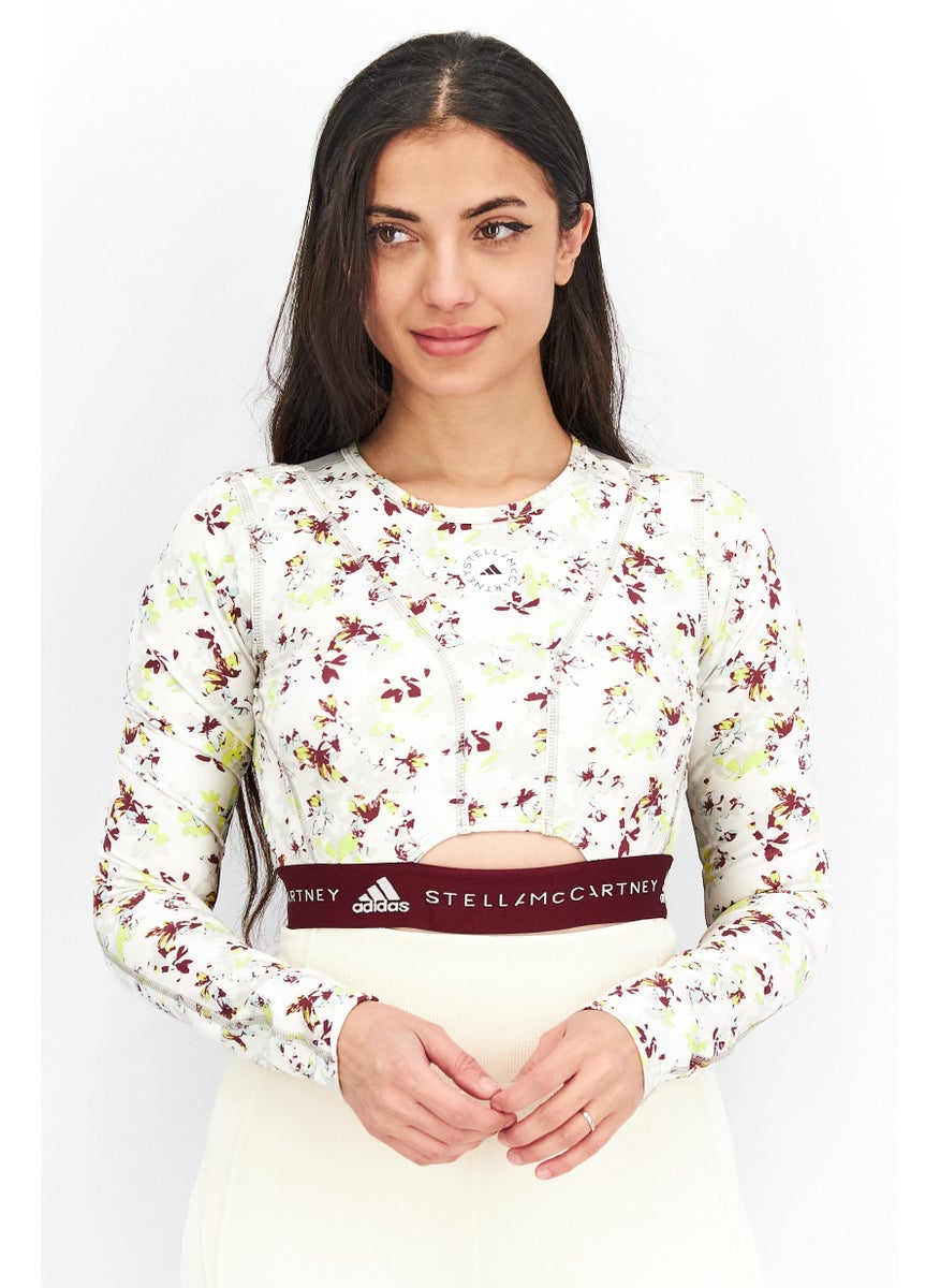 Women Crew Neck Long Sleeve Printed Cropped Top, White Combo