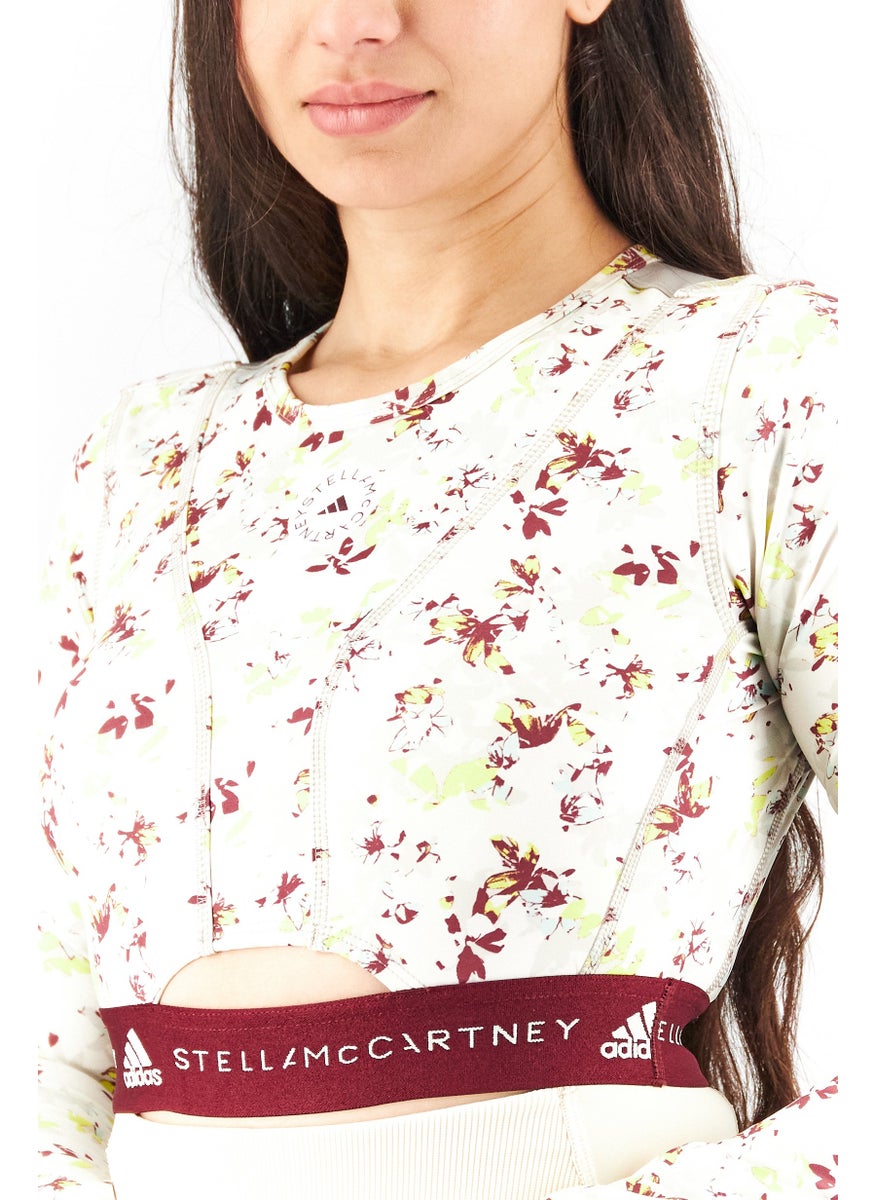 Women Crew Neck Long Sleeve Printed Cropped Top, White Combo