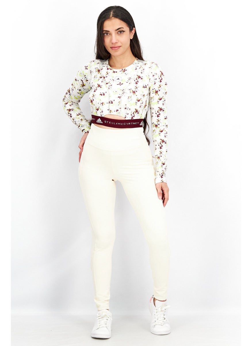 Women Crew Neck Long Sleeve Printed Cropped Top, White Combo