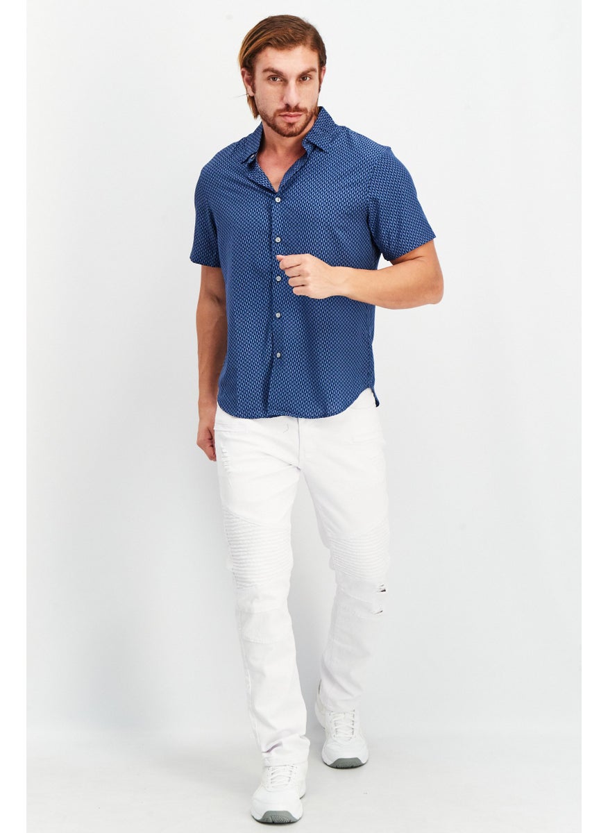 Men Regular Fit Spread Collar Short Sleeve Shirts, Blue