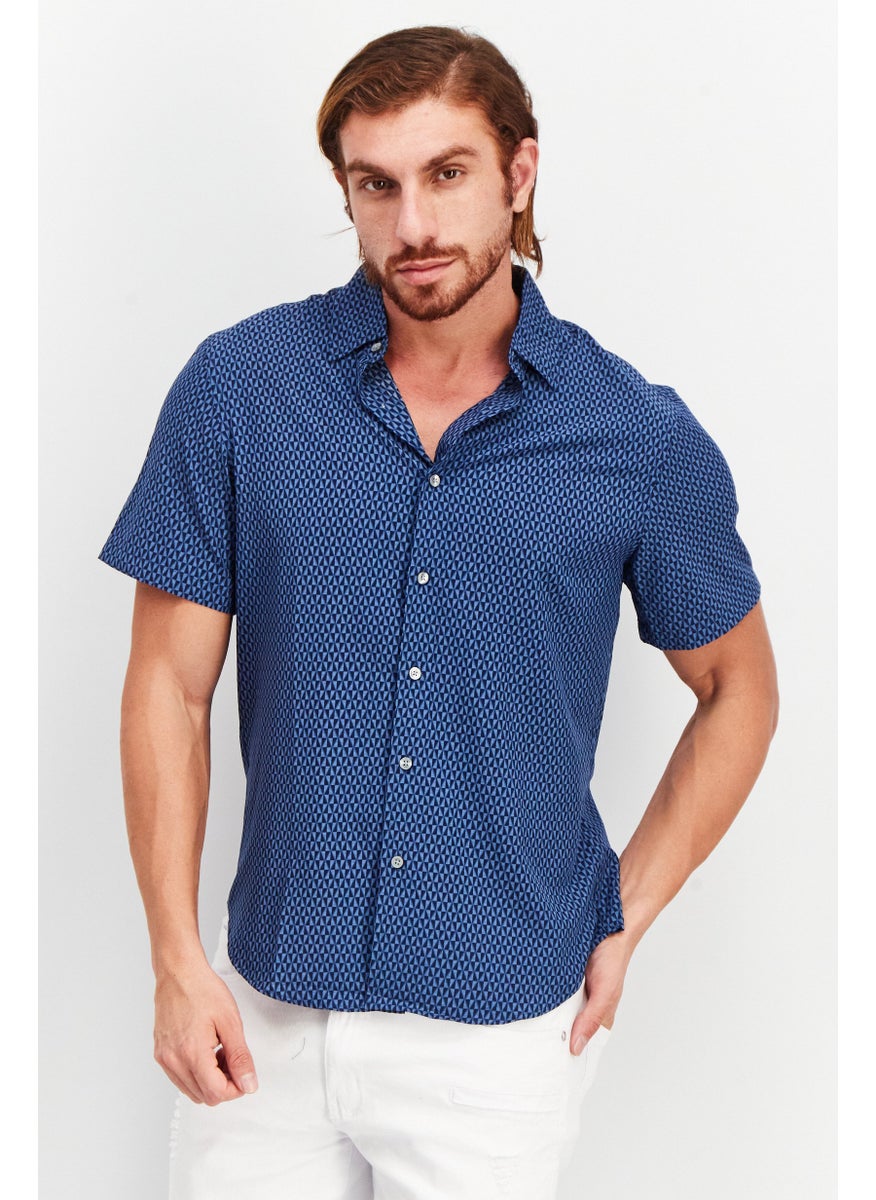 Men Regular Fit Spread Collar Short Sleeve Shirts, Blue