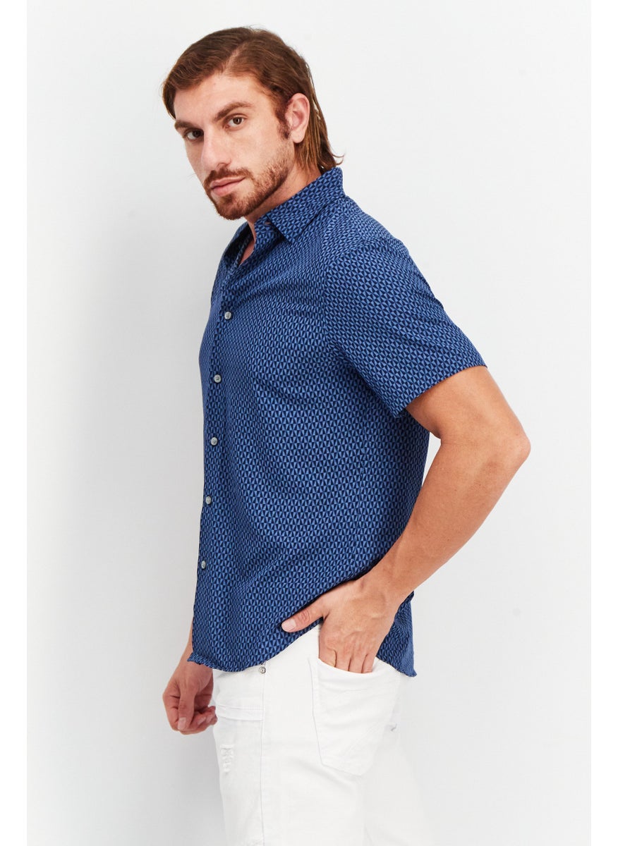 Men Regular Fit Spread Collar Short Sleeve Shirts, Blue