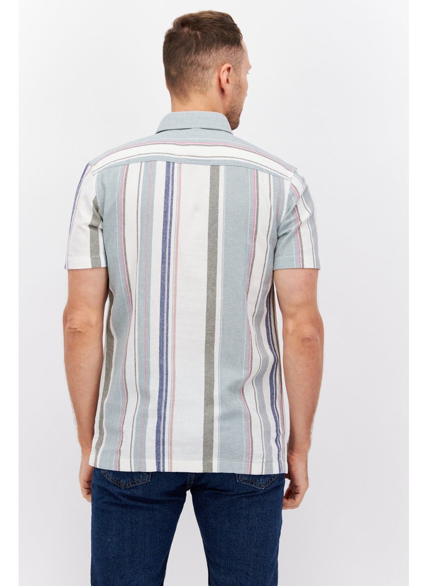 Men Regular Fit Stripe Short Sleeves Casual Shirt, Green