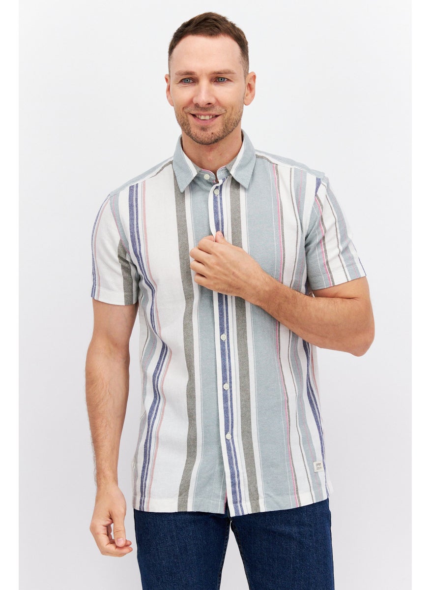 Men Regular Fit Stripe Short Sleeves Casual Shirt, Green