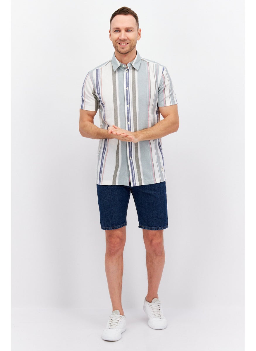 Men Regular Fit Stripe Short Sleeves Casual Shirt, Green
