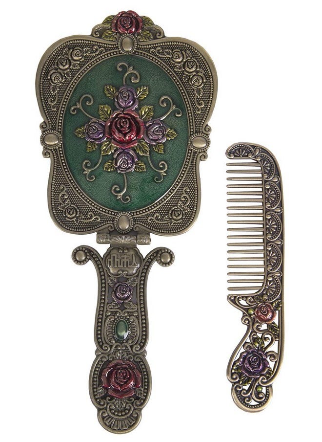 Antique Mirror Comb Set Vintage Metal Handheld Makeup Mirror With A Comb Russian Style Embossed Rose Hand Mirror Travel Portable Foldable Mirror Decorative Tabletop Stand Mirror Bronze