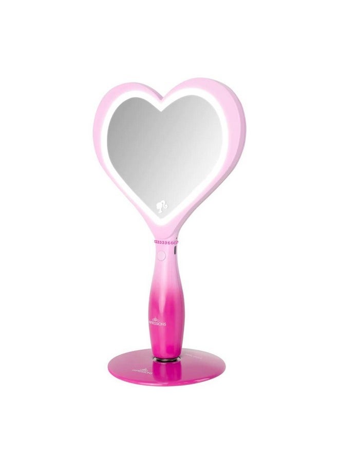 Impressions Vanity Barbie Led Handheld Makeup Mirror With Standing Base, Portable Travel Hand Held Mirror With Heart Shaped Lighting, Adjustable Brightness, Magnetic Ball Stand