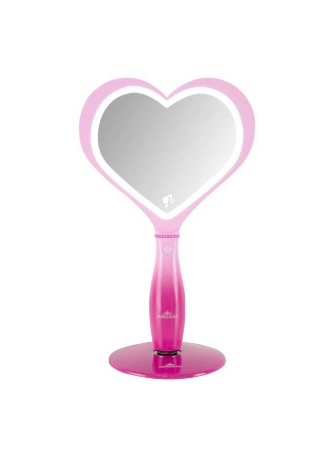 Impressions Vanity Barbie Led Handheld Makeup Mirror With Standing Base, Portable Travel Hand Held Mirror With Heart Shaped Lighting, Adjustable Brightness, Magnetic Ball Stand