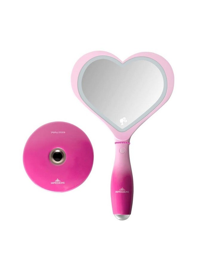 Impressions Vanity Barbie Led Handheld Makeup Mirror With Standing Base, Portable Travel Hand Held Mirror With Heart Shaped Lighting, Adjustable Brightness, Magnetic Ball Stand