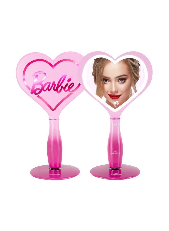 Impressions Vanity Barbie Led Handheld Makeup Mirror With Standing Base, Portable Travel Hand Held Mirror With Heart Shaped Lighting, Adjustable Brightness, Magnetic Ball Stand