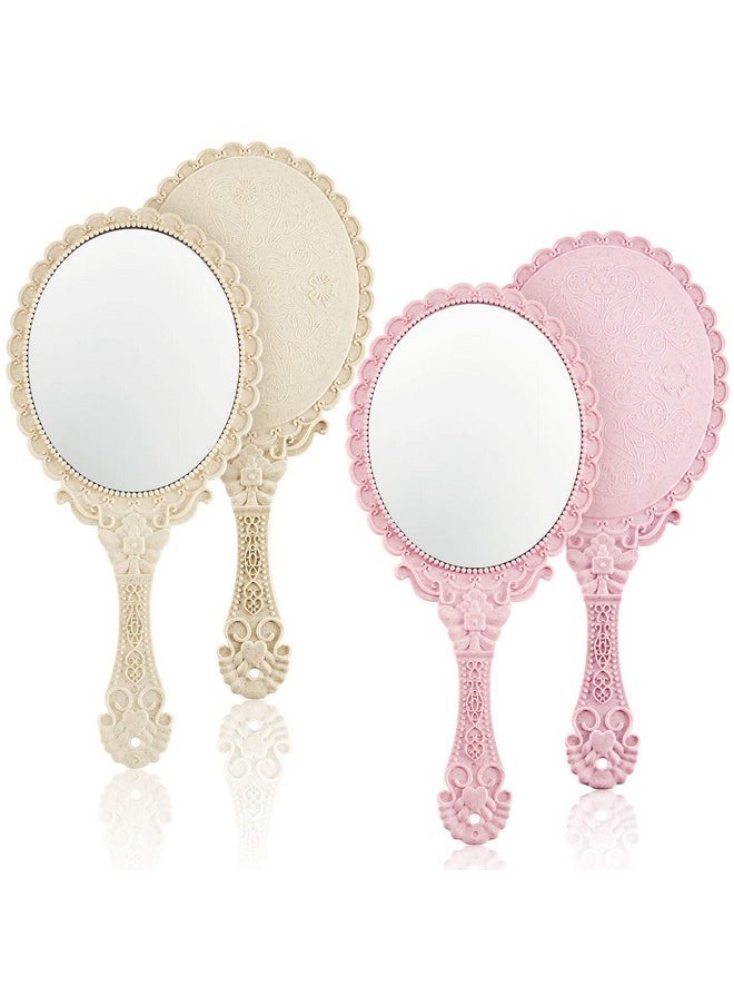 2 Pieces Vintage Handheld Mirror Portable Embossed Flower Mirror Hand Held Decorative Mirrors Compact Mirror With Handle For Face Makeup Travel Personal Cosmetic Salon Mirror (Pink, Cream)