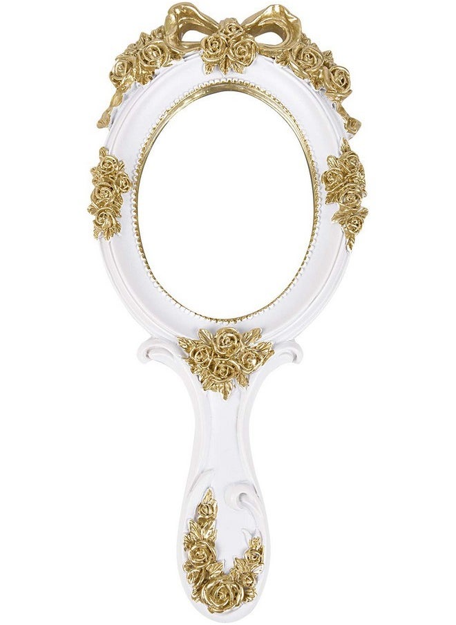 Handheld Mirror Vanity Makeup Mirror Travel Princess Metal Cosmetic Mirror Portable Oval Embossed Rose Mirrors Decorative Desk Girl Student Vintage Beautiful Handle Mirrors White-4