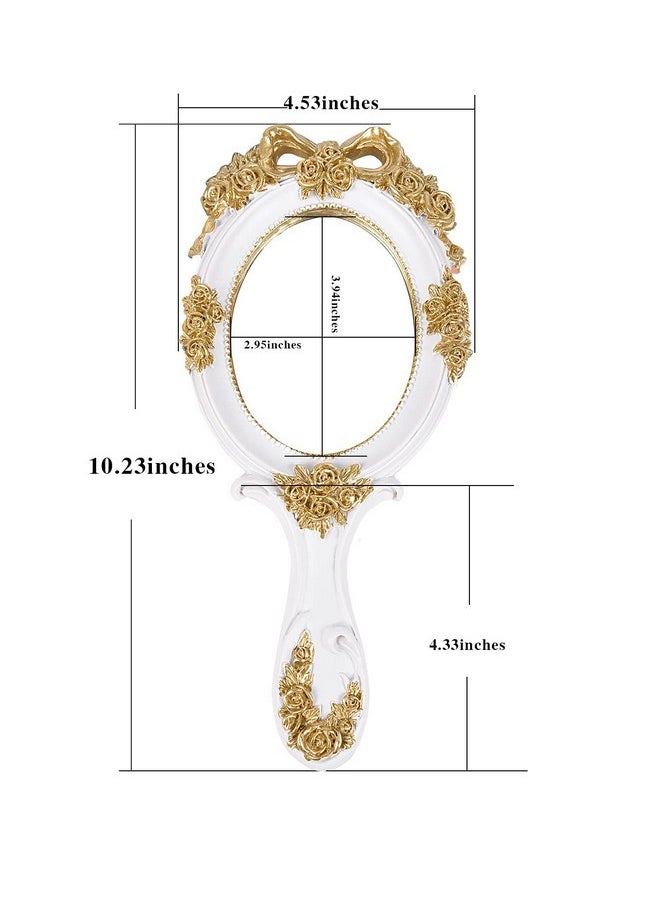 Handheld Mirror Vanity Makeup Mirror Travel Princess Metal Cosmetic Mirror Portable Oval Embossed Rose Mirrors Decorative Desk Girl Student Vintage Beautiful Handle Mirrors White-4