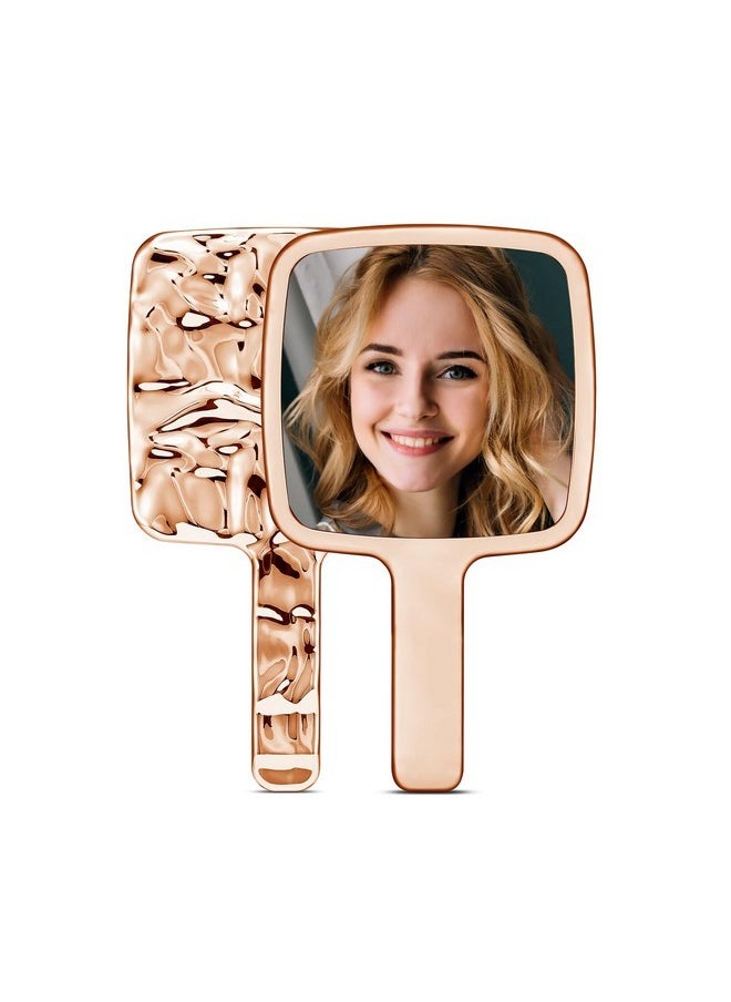 Handheld Mirror, Water Ripples Hand Mirror With Handle For Makeup, Square, Rose Gold, Small (4 X 7 Inches)