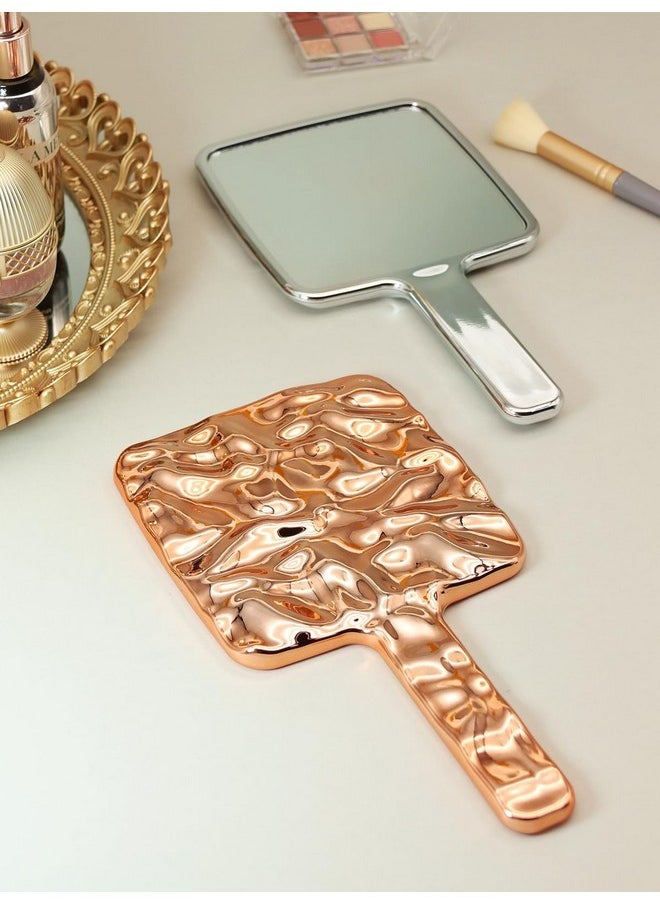 Handheld Mirror, Water Ripples Hand Mirror With Handle For Makeup, Square, Rose Gold, Small (4 X 7 Inches)