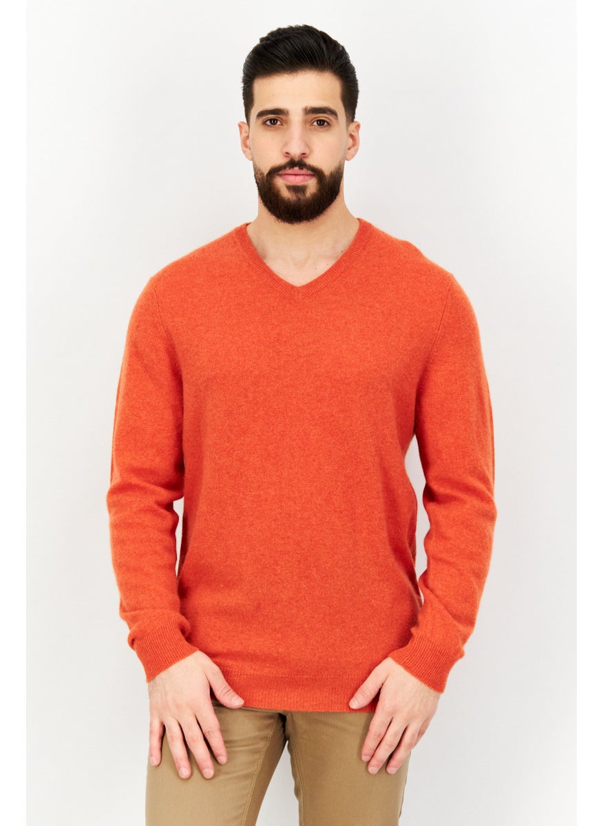 Men V-Neck Long Sleeve Knitted Sweater, Orange