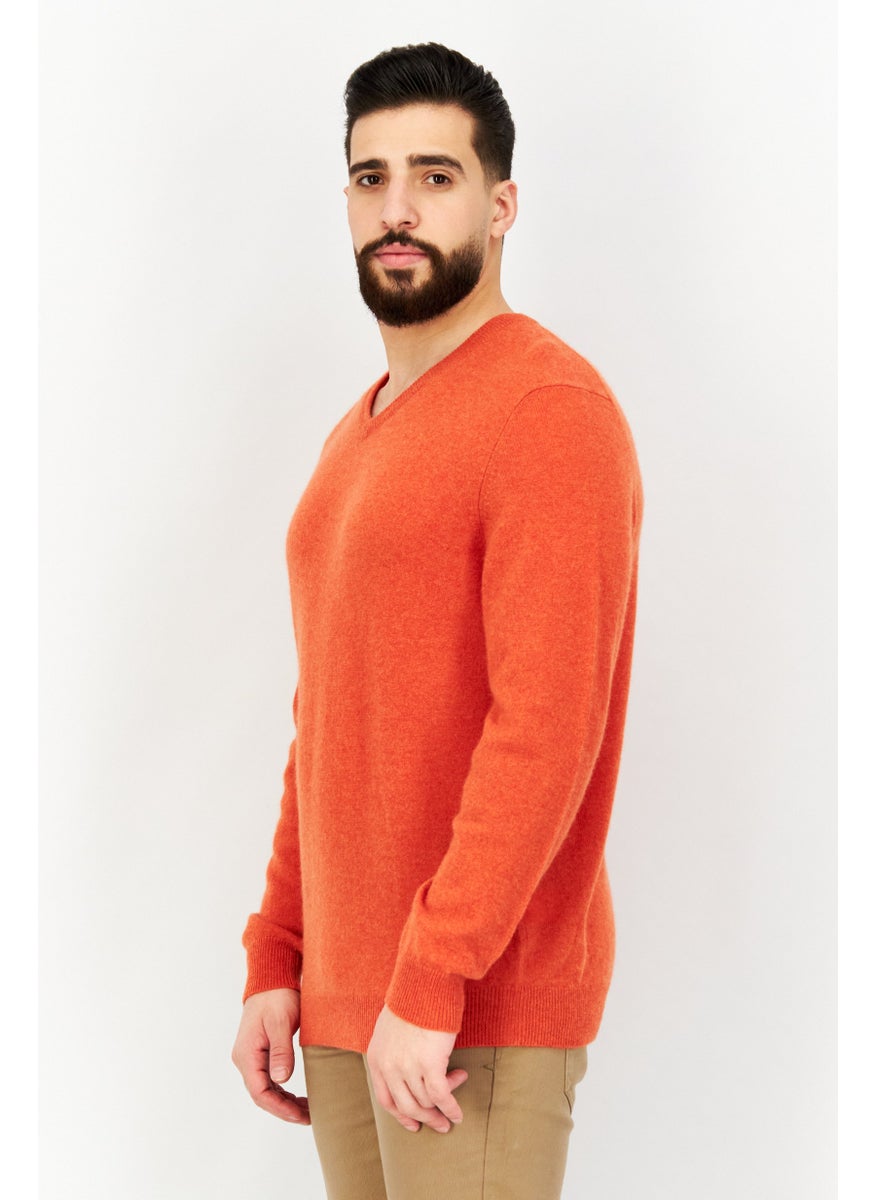 Men V-Neck Long Sleeve Knitted Sweater, Orange