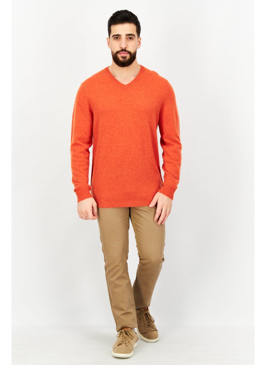 Men V-Neck Long Sleeve Knitted Sweater, Orange